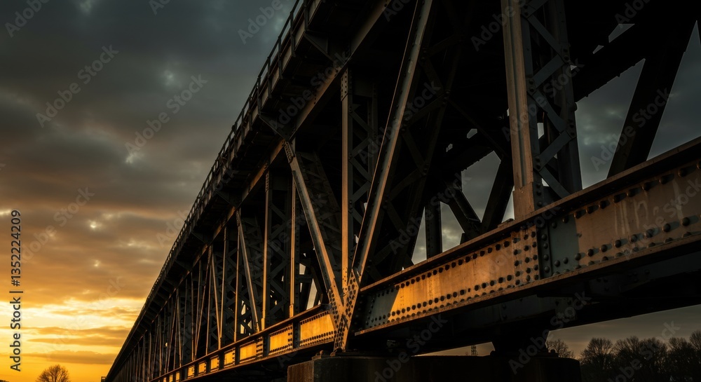 Steel Railway Bridge at Sunset with Dramatic Clouds and Golden Light Steel Railway Bridge at Sunset with Dramatic Clouds and Golden Light
