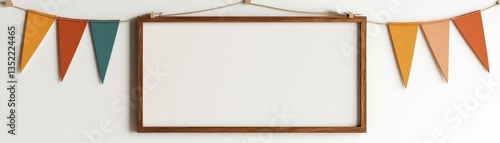 Empty signboard with colorful bunting decoration.