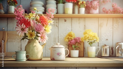 Wallpaper Mural A charming kitchen scene featuring a rustic wooden shelf adorned with colorful flower arrangements in various vases, complemented by a delicate teapot and kitchenware, creating a warm and inviting Torontodigital.ca