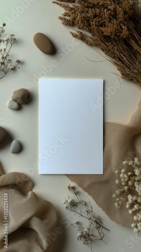 Minimalist Flat Lay With Blank Card and Natural Elements on Soft Beige Surface in Soft Morning Light
