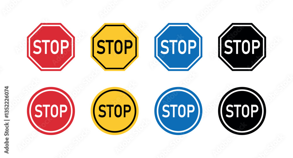 Stop Sign Icon Set, Traffic Road Safety Symbol, Octagon and Circle Warning Sign, Red, Yellow, Blue, Black Stop Signs for Design, UI, Apps, Websites, Vector Illustration Stop Sign Icon Set, Traffic Road Safety Symbol, Octagon and Circle Warning Sign, Red, Yellow, Blue, Black Stop Signs for Design, UI, Apps, Websites, Vector Illustration