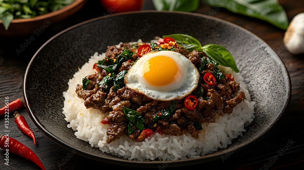 stir-fried basil beef (Pad Krapow Neua) served with a perfectly cooked onsen egg on a steaming plate of jasmine rice. stir-fried basil beef (Pad Krapow Neua) served with a perfectly cooked onsen egg on a steaming plate of jasmine rice.