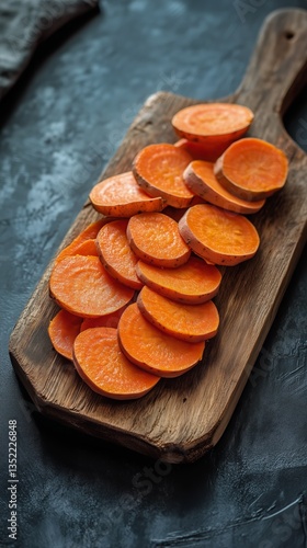 Sweet Potato Slices Arranged on a Wooden Cutting Board With Fresh Herbs Nearby