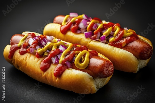 Two juicy hot dogs in buns, topped with vibrant toppings
