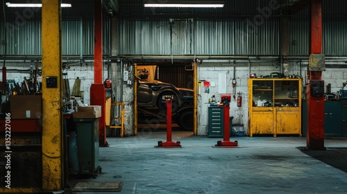 Dark automotive repair shop interior with car on lift, tools, and equipment.
