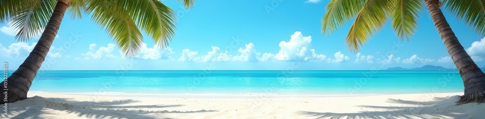 Fototapeta premium Palm tree shadows on sandy beach with clear blue sky, tropical, relaxation, palm tree silhouette