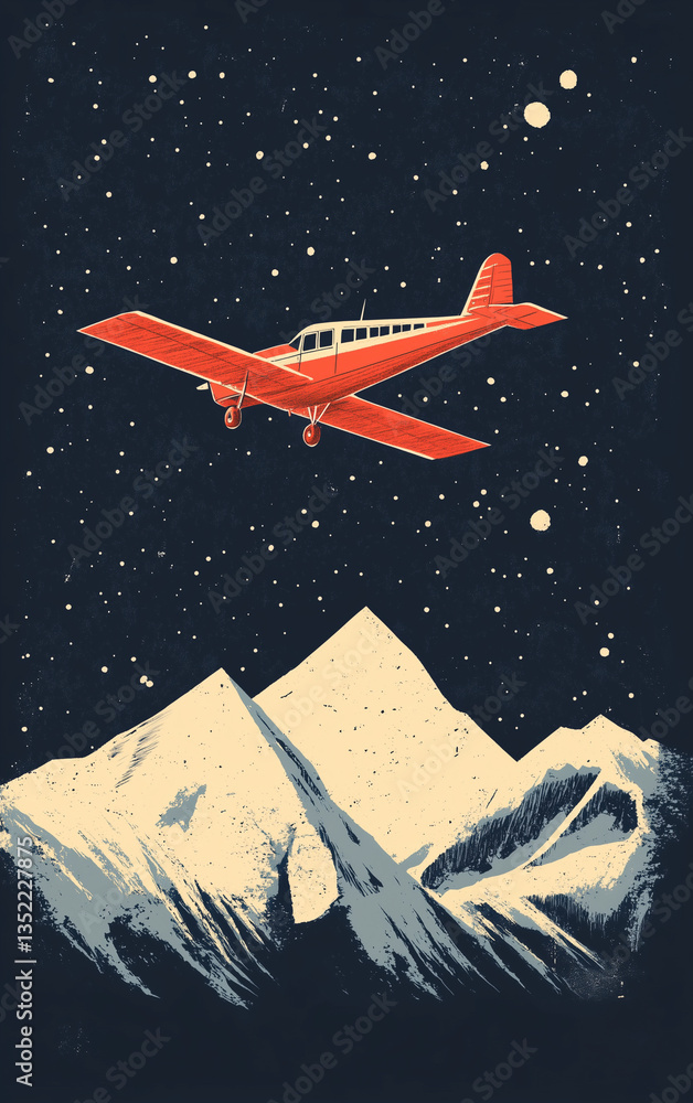 small red plane flying over snowy mountains in linocut printmaking style - retro vintage card – ideal for travel, adventure, and nostalgic designs small red plane flying over snowy mountains in linocut printmaking style - retro vintage card – ideal for travel, adventure, and nostalgic designs
