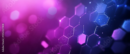 futuristic abstract background with glowing blue and purple hexagons and bokeh lights