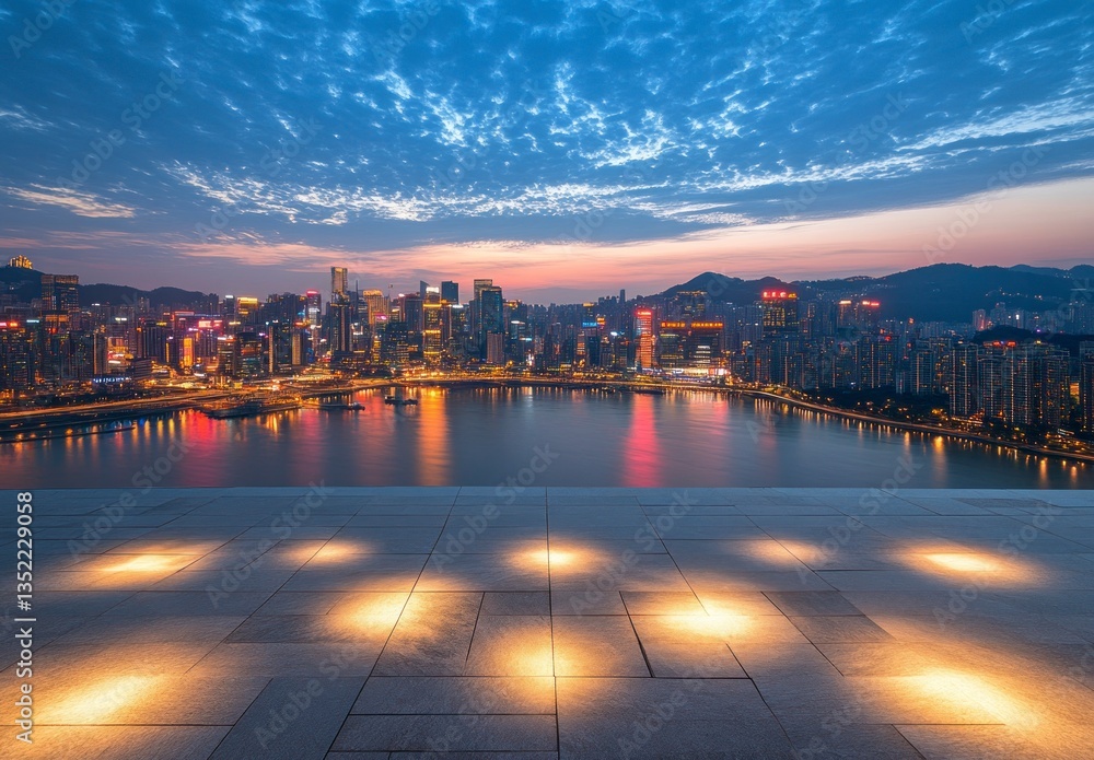 Fototapeta premium City Skyline Reflected in Water at Night From a Tiled Rooftop