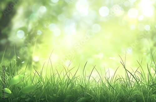 fresh green grass blades in soft focus with a bright and hazy natural background