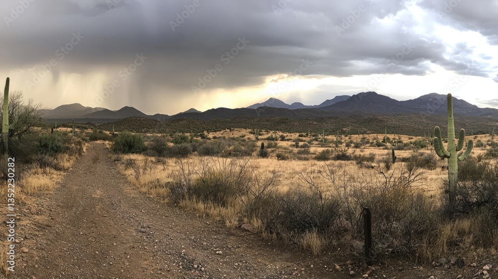 Desert landscape with dirt road, saguaro cacti, and stormy sky. Desert landscape with dirt road, saguaro cacti, and stormy sky.