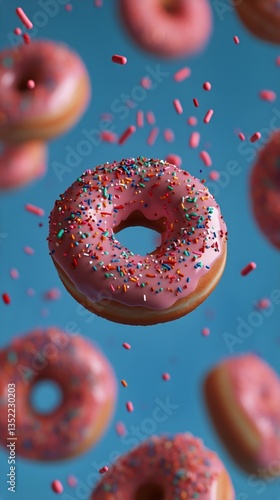 Colorful Donuts With Sprinkles Float Against a Blue Background in a Delightfu...