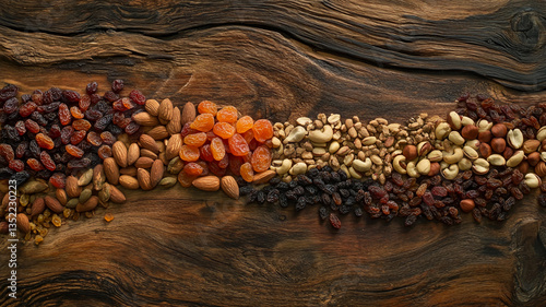 A rustic wooden surface displaying an assortment of dried fruits such as raisins, apricots, and figs, alongside a variety of nuts including cashews, almonds, and hazelnuts
