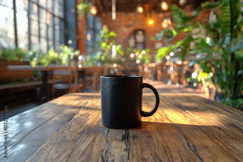 Black Mug on Wooden Table in a Cozy Cafe With Plants During Golden Hour