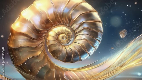The natural elegance of a nautilus shell shines through in its golden hues and intricate patterns, floating gracefully in an aquatic atmosphere filled with shimmering light and gentle movement.