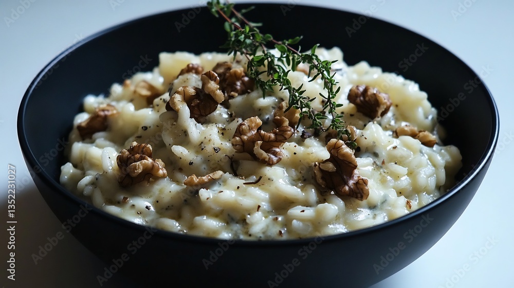 Italian gorgonzola walnut risotto garnished with fresh thyme served in a minimalist black bowl Italian gorgonzola walnut risotto garnished with fresh thyme served in a minimalist black bowl