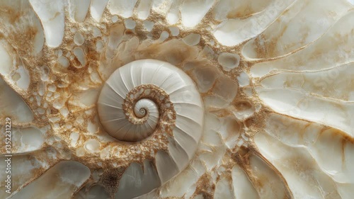 Close up view of ammonite marble reveals stunning spiral formations and subtle hues of cream and brown, highlighting the ancient marine origins of this decorative stone.