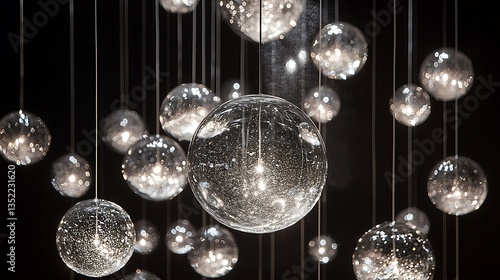 Glowing glass spheres hanging in dark.