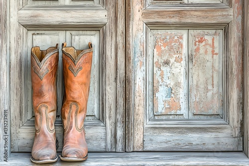 Vintage Cowboy Boots on Aged Wooden Door