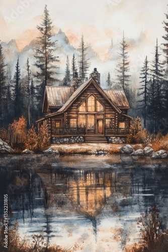 Watercolor Painting Of A Cabin Reflecting In Lake Water