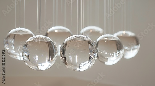 Crystal spheres hanging from ceiling, modern minimalist art installation.