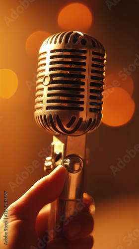 Vintage Microphone Held in Hand on Stage Illuminated by Warm Light