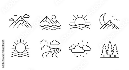 Foto Scenic Icon Set: A minimalist set of icons depicting various outdoor scenes, perfect for illustrating concepts of nature, travel, or design