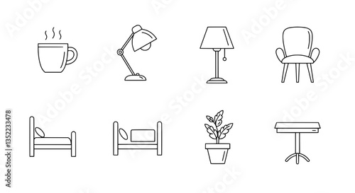 Home Decor Essentials: A curated collection of line-art illustrations showcasing essential home decor items including a coffee mug, desk lamp, floor lamp, armchair, bed, potted plant, and side table.