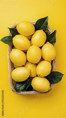 Fresh Lemons in a Woven Basket Against a Bright Yellow Background