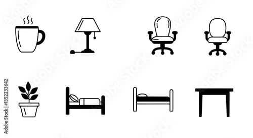 Home and Workspace: A curated set of minimalist line art illustrations representing cozy elements for home and workplace, like a cup, desk lamp, chair, bed, and plant.