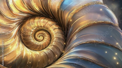 Marvel at the exquisite ammonite surrounded by a celestial scene, highlighting intricate patterns and rich colors, inspiring a sense of wonder amidst a dreamlike ambiance and cosmic elements.