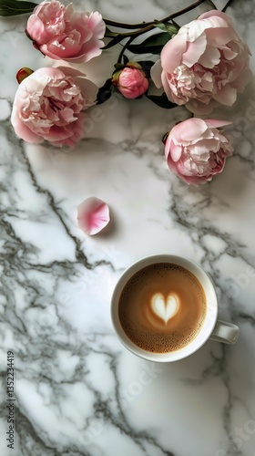 Morning Coffee With Peonies on Marble Table in Natural Light