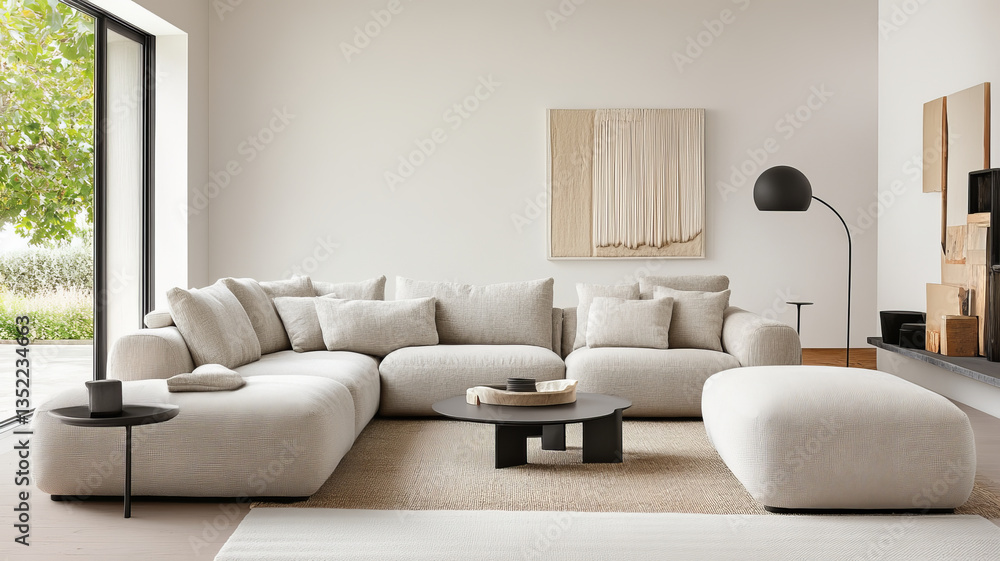 Modern sectional sofa in minimalist living room with natural light, featuring neutral colors and soft textures, creating cozy and inviting atmosphere