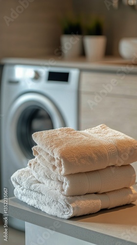 Soft White Towels Neatly Stacked in Front of a Modern Washing Machine in a Br...