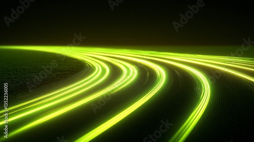 Luminous neon green trails curve across dark textured landscape