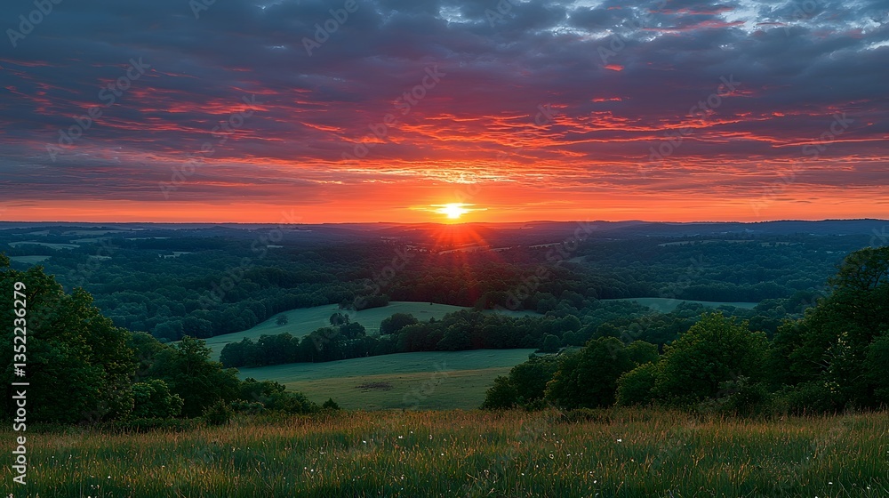 Fototapeta premium Dusk Outdoors Panorama, Breathtaking sunset over a tranquil countryside landscape