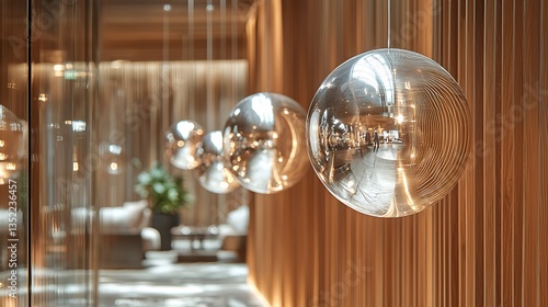 Reflective spheres hanging in a modern spa hallway.