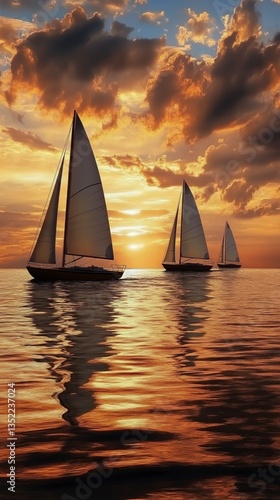 Sailboats Glide Across Calm Waters at Sunset Under a Vibrant Sky Adorned With...