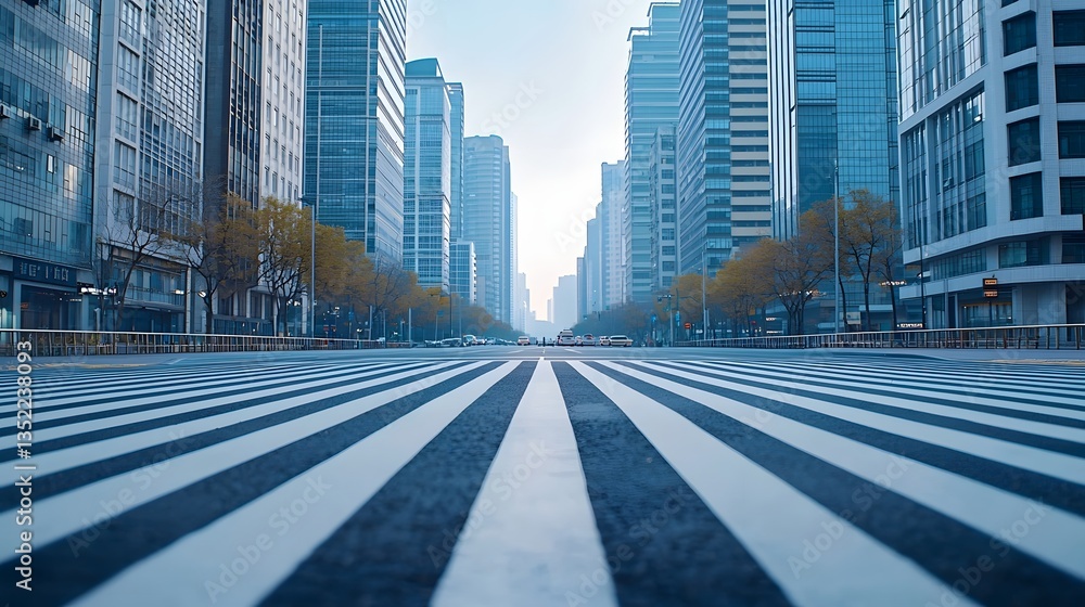 Obraz premium Zebra Crossing Pathway, Deserted city street with geometric crosswalk patterns
