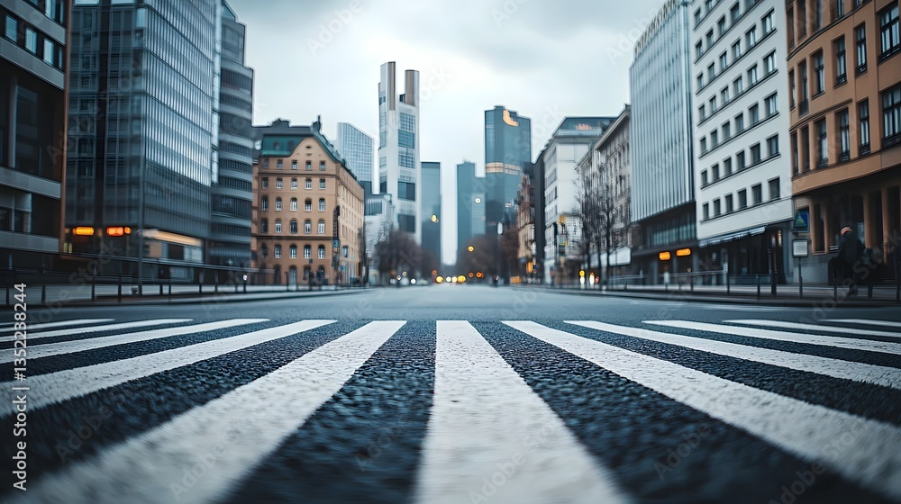 Obraz premium Zebra Crossing Pathway, Deserted city crosswalk with towering buildings