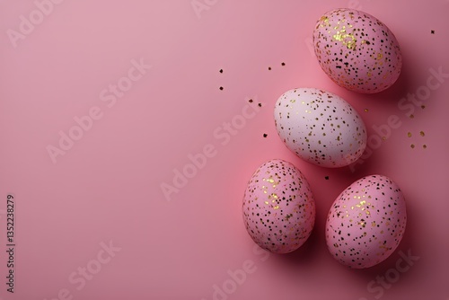 Easter Eggs Decorated With Gold Specks on a Pastel Pink Background
