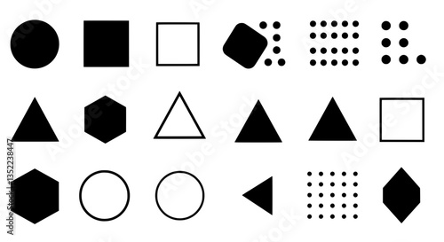 Geometric Shapes Array: An assortment of basic shapes, each carefully rendered in contrasting shades, creating a study in form and dimension. 