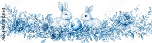 Adorable Bunnies with Easter Eggs in Spring Flowers, Blue Tone, Isolated on White Background
