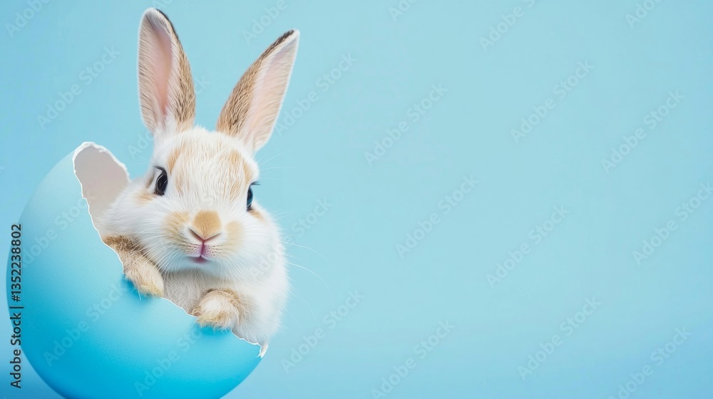 Obraz premium Adorable Bunny Rabbit Emerging from Easter Egg Shell on Blue Background