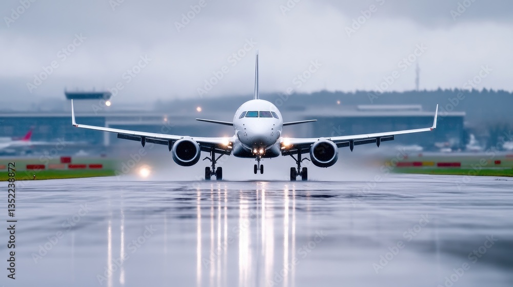 Commercial jetliner on wet runway during a cloudy day Commercial jetliner on wet runway during a cloudy day