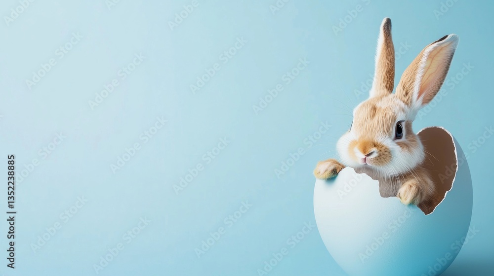 Obraz premium Adorable Bunny Rabbit Emerging from Easter Egg Shell on Blue Background