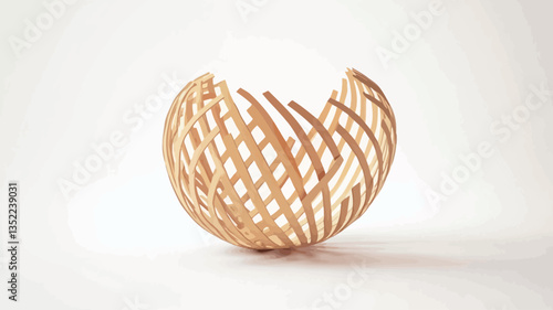 Close-up shot of a small, abstract sculpture crafted from light beige wood. The sculpture is spherical in shape but with a section missing, revealing an intricate lattice-like internal structure.
