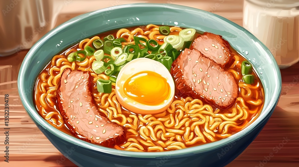 Ramen Quick Meal, Steaming bowl of savory ramen noodles with tender pork, soft-boiled egg, and fresh scallions Ramen Quick Meal, Steaming bowl of savory ramen noodles with tender pork, soft-boiled egg, and fresh scallions