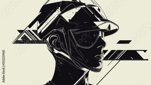The image is a vector illustration of a person's profile wearing a cap and sunglasses. The style is minimalist and abstract, utilizing black and white colors with geometric shapes, primarily