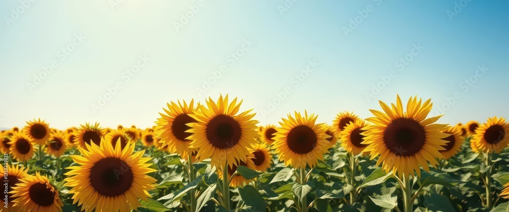 Fototapeta premium Vast sunflower field under a vibrant blue sky, beauty, yellow, horizon